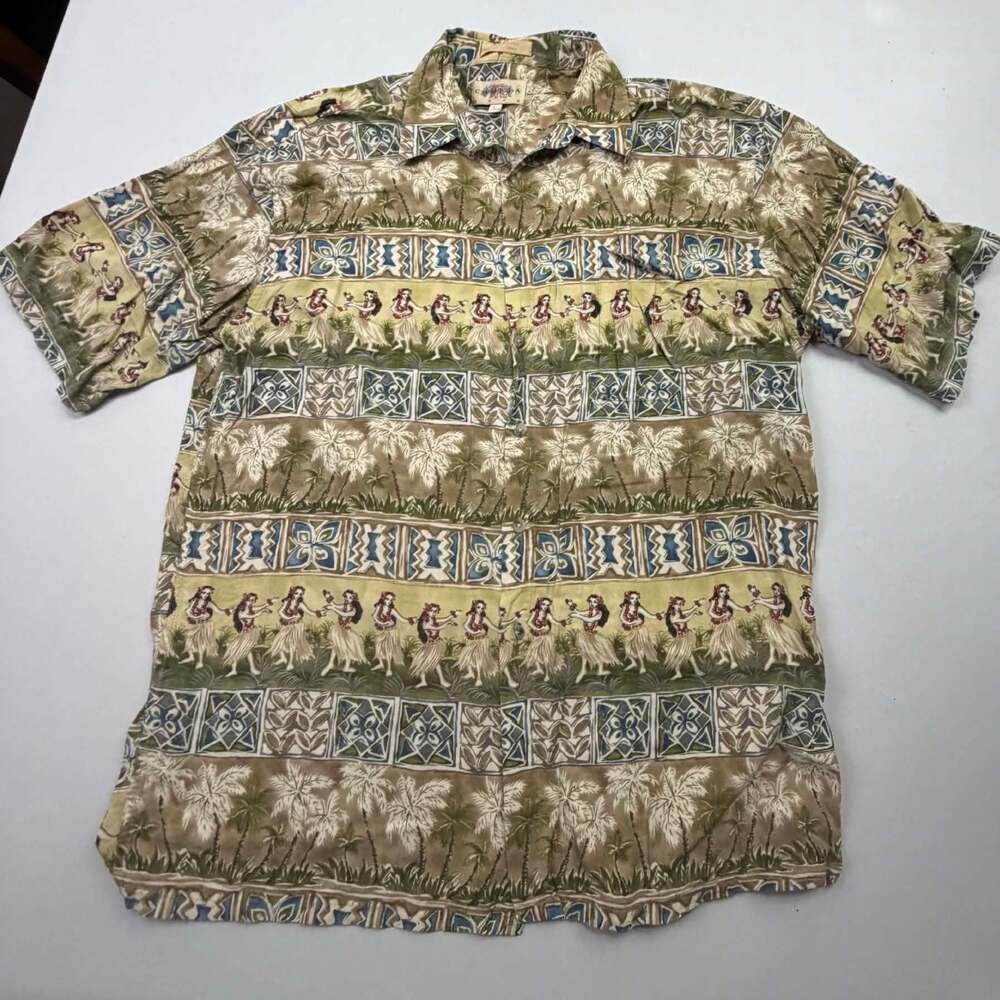 Campia Moda Vintage Men's Hawaiian Tropical Aloha Shirt with Hula Dancer Print